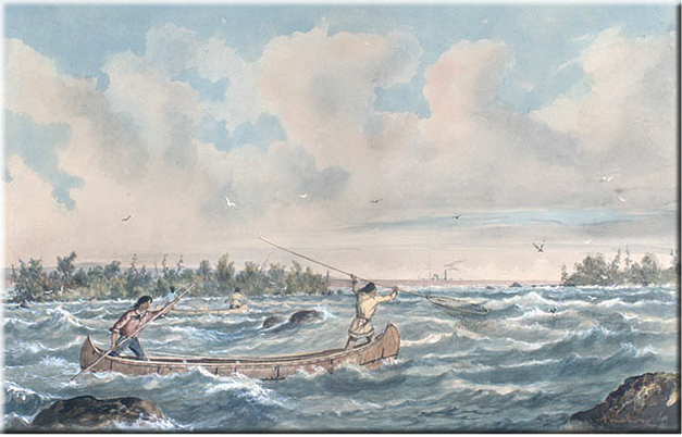 painting of Anishnaabe fishermen using the dip net method to catch whitefish at the Bawating (Sault Ste. Marie) rapids