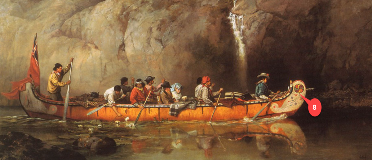 Canoe Manned by Voyageurs Passing a Waterfall (Ontario), 1869, by Frances Anne Hopkins  Courtesy vLibrary and Archives Canada under the reproduction reference number C-002771 and under the MIKAN ID number 2894967