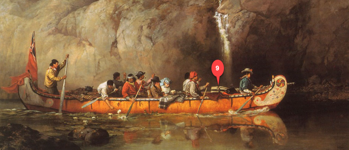 Canoe Manned by Voyageurs Passing a Waterfall (Ontario), 1869, by Frances Anne Hopkins  Courtesy vLibrary and Archives Canada under the reproduction reference number C-002771 and under the MIKAN ID number 2894967
