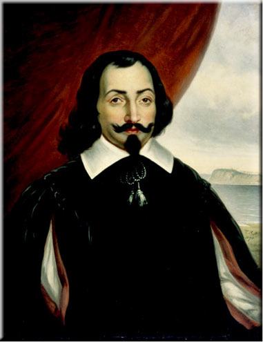 Inauthentic depiction of Champlain, by Théophile Hamel (1870), after the one by Ducornet (d. 1856), based on a portrait of Michel Particelli d'Emery (d. 1650) by Balthasar Moncornet (d. 1668). — No authentic portrait of Champlain is known to exist
