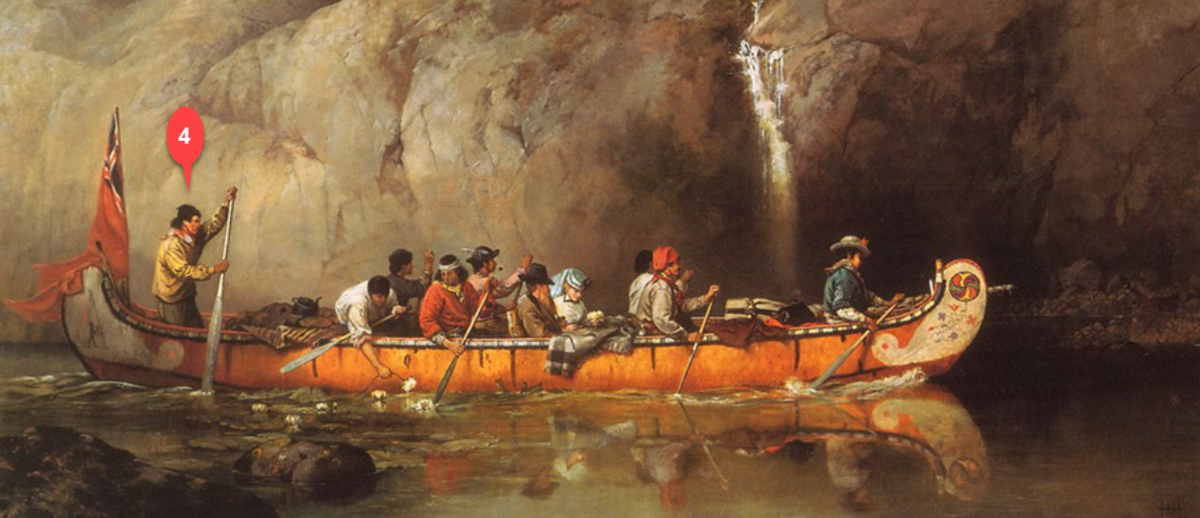 Canoe Manned by Voyageurs Passing a Waterfall (Ontario), 1869, by Frances Anne Hopkins  Courtesy vLibrary and Archives Canada under the reproduction reference number C-002771 and under the MIKAN ID number 2894967