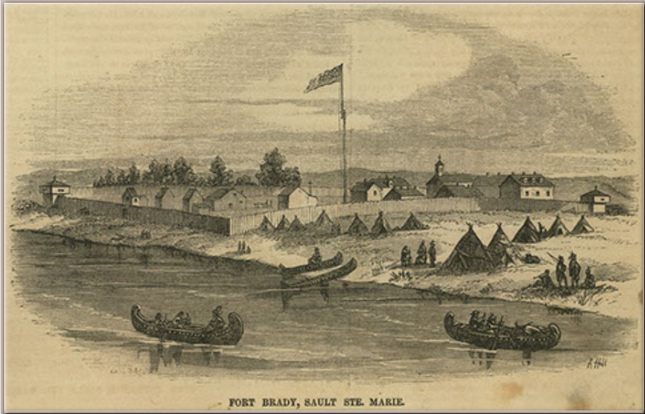 Fort Brady, Sault Ste. Marie . Image from Ballou's Pictorial Drawing -Room Companion, Boston, 9 May 1857. Courtesy Boston Public Library.