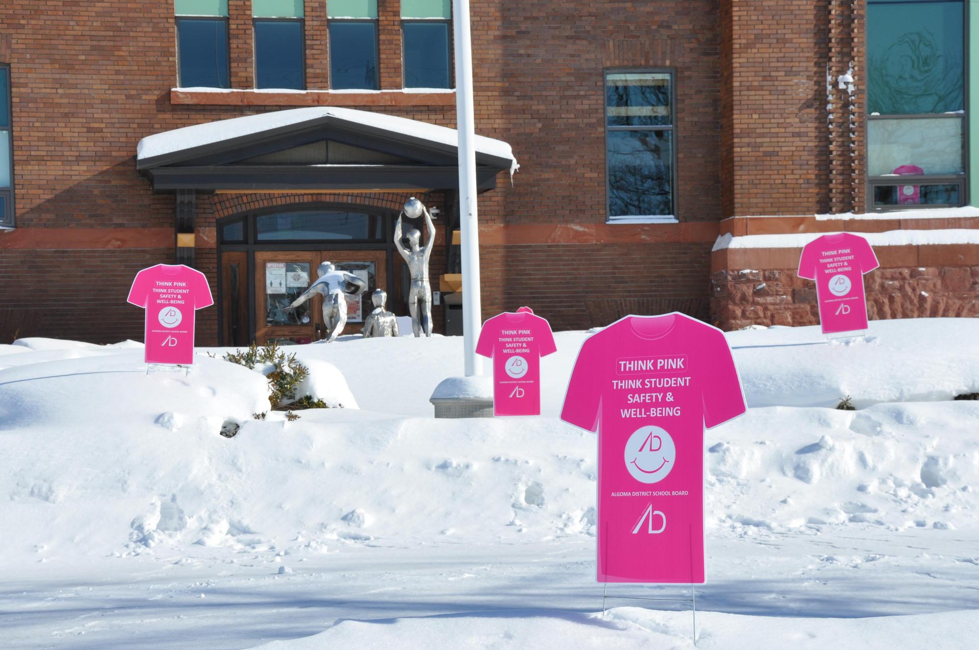 pink shirt signs in snow